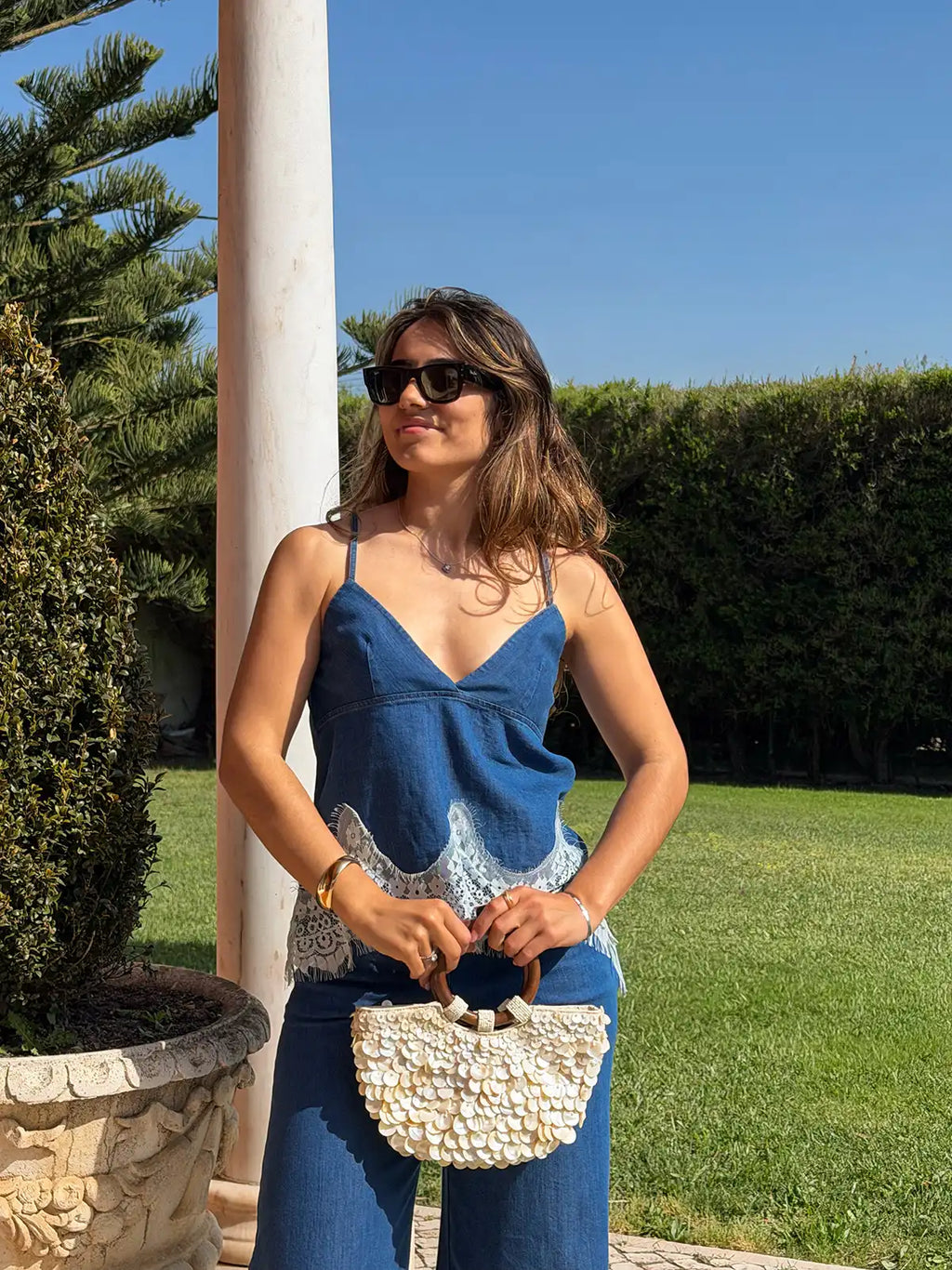 Top Denim com Renda
