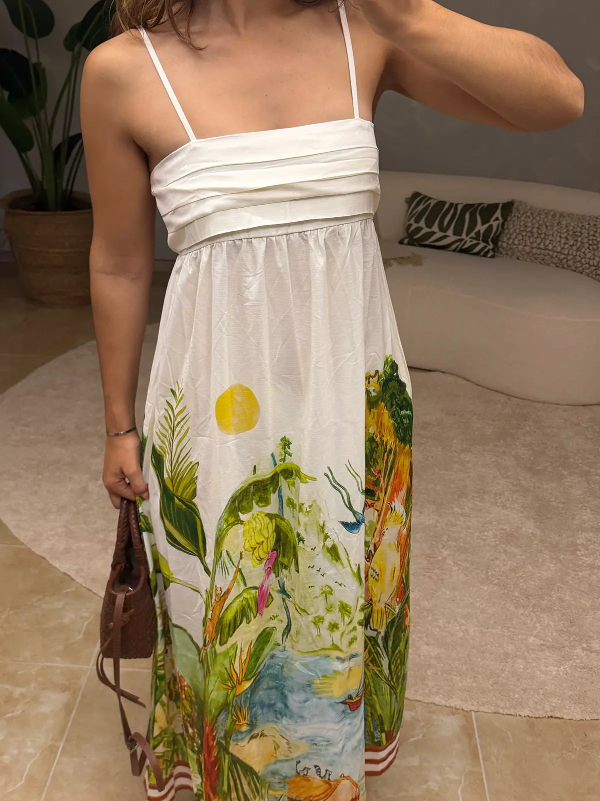 Vestido Linho com Padrão Tropical