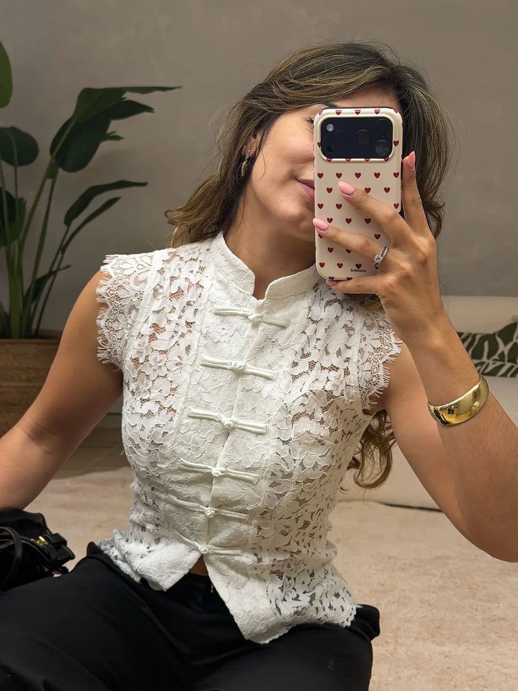 Top de Renda Branco Gola Mandarim