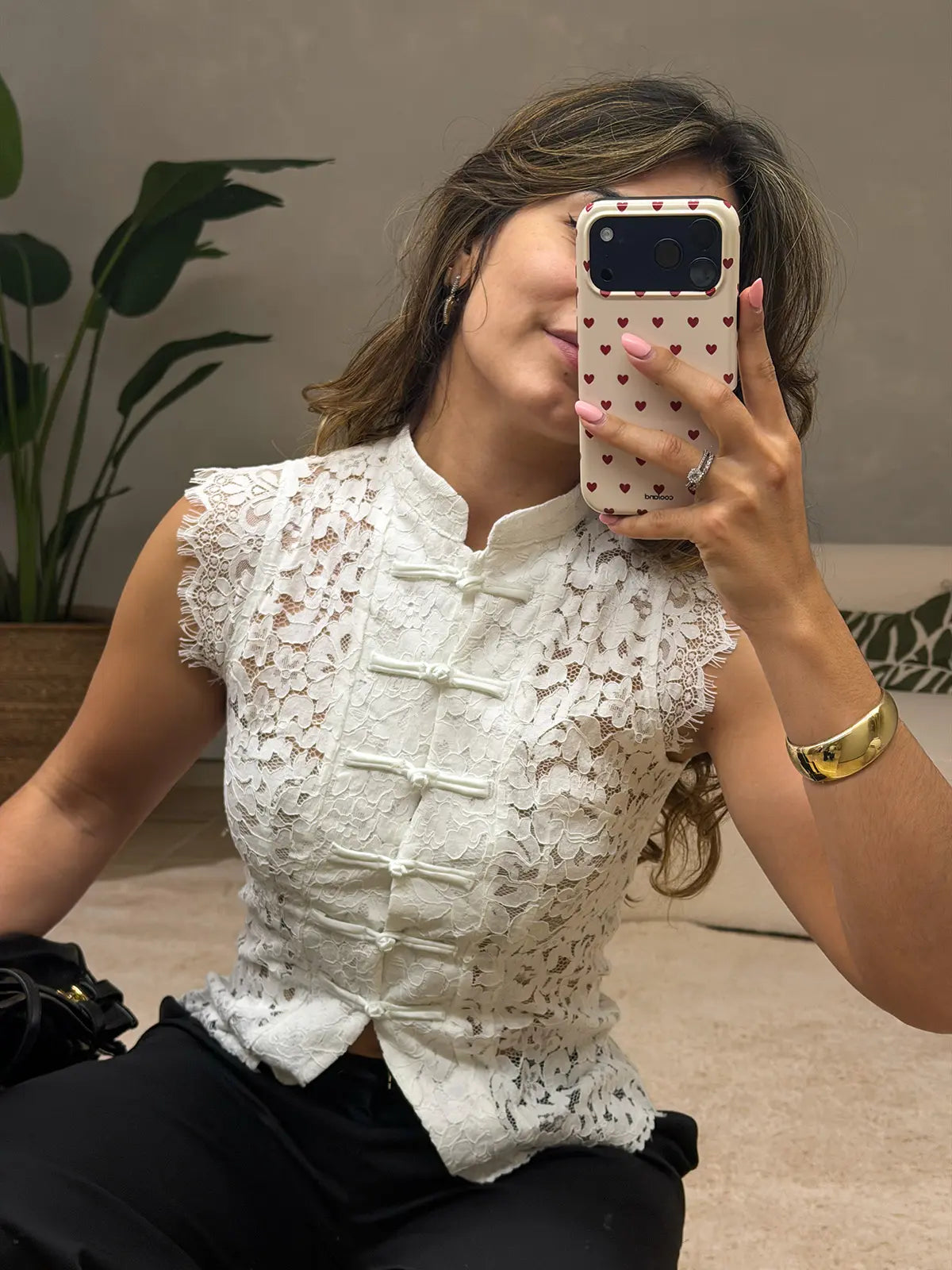 Top de Renda Branco Gola Mandarim