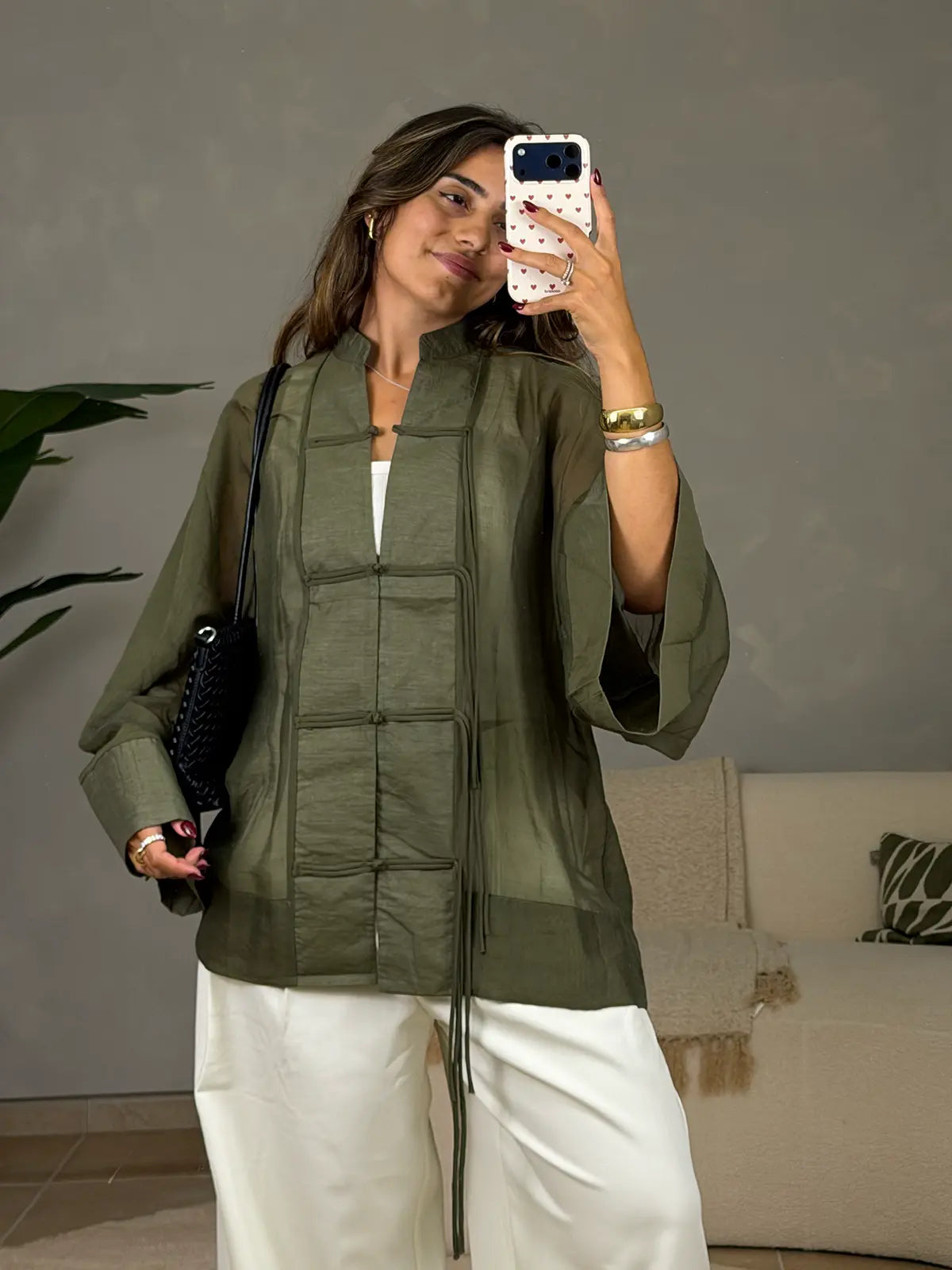 Blusa Verde Semi-transparente Estilo Mandarim
