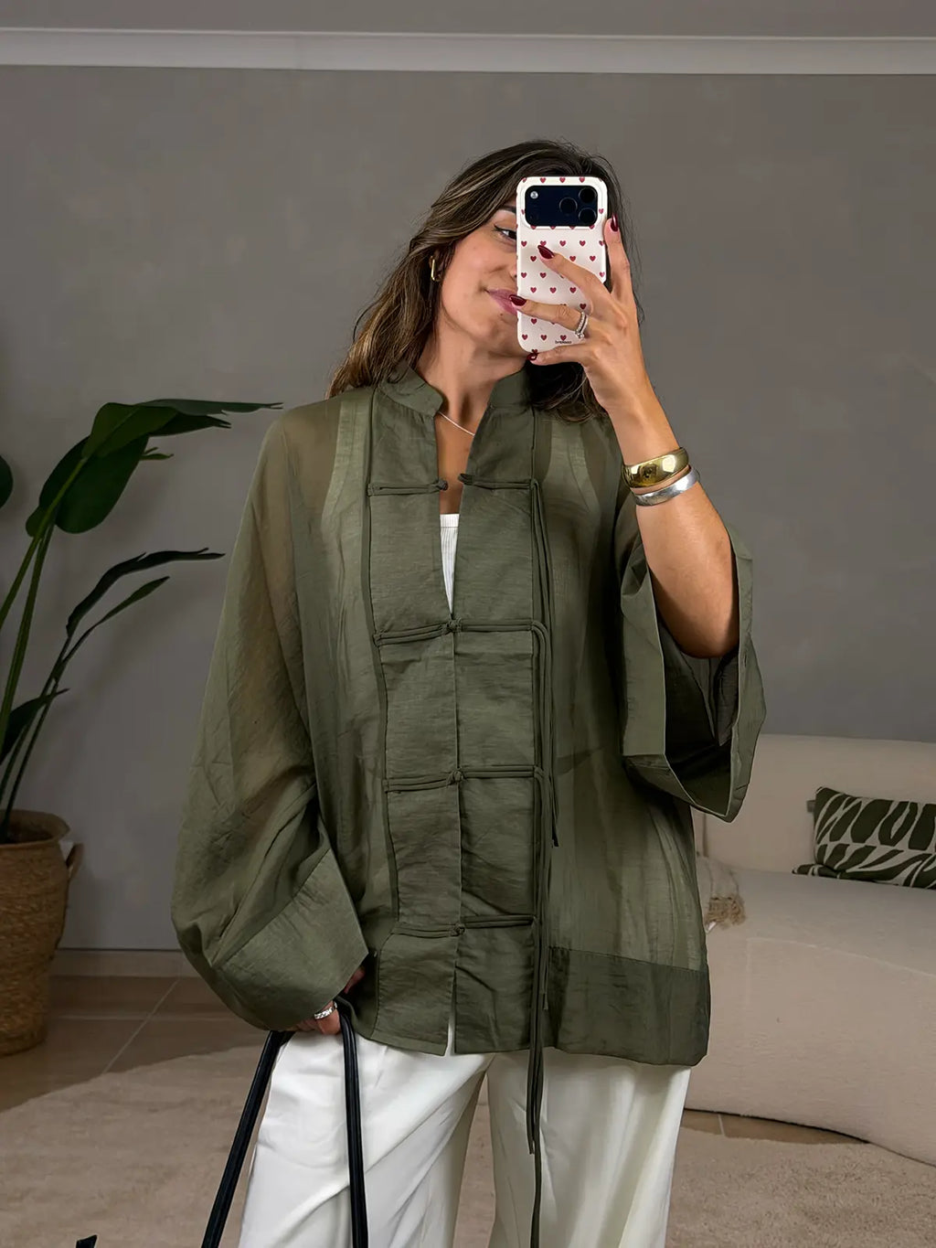 Blusa Verde Semi-transparente Estilo Mandarim