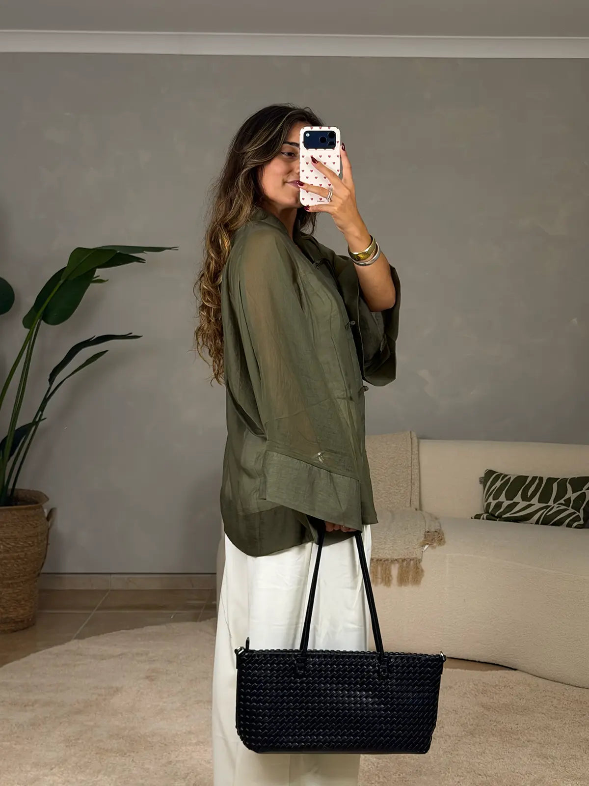 Blusa Verde Semi-transparente Estilo Mandarim