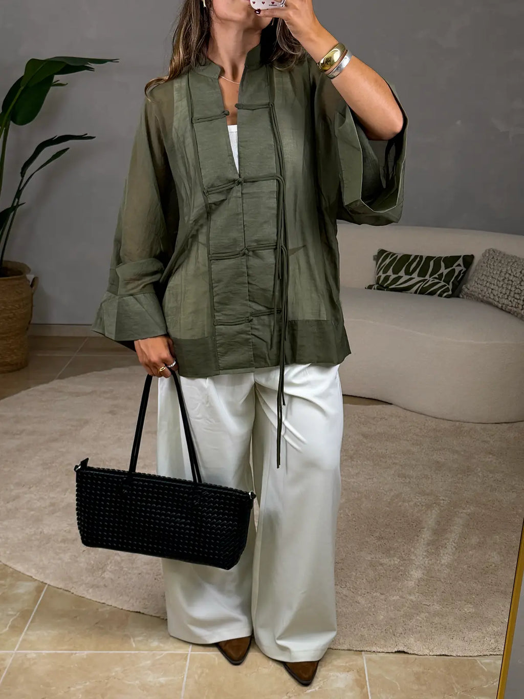 Blusa Verde Semi-transparente Estilo Mandarim