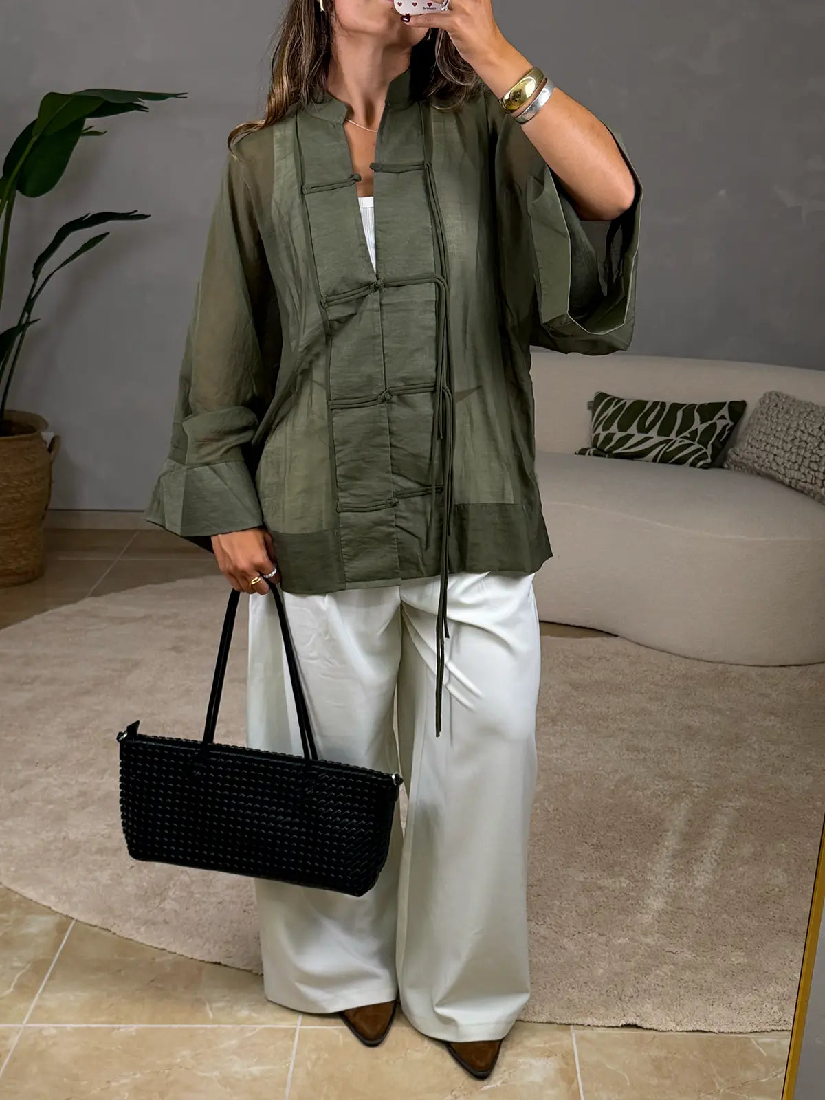 Blusa Verde Semi-transparente Estilo Mandarim