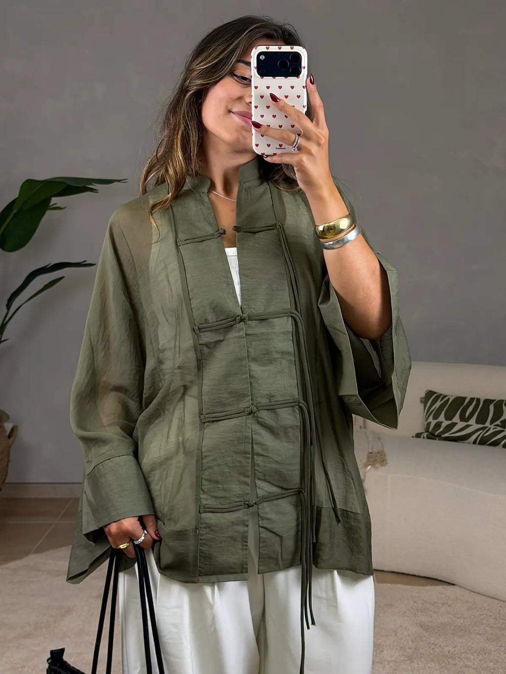 Blusa Verde Semi-transparente Estilo Mandarim