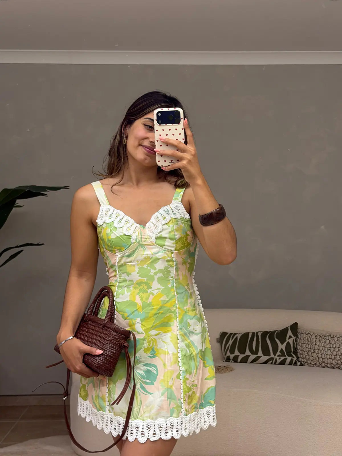 Green Floral Dress with Lace Details