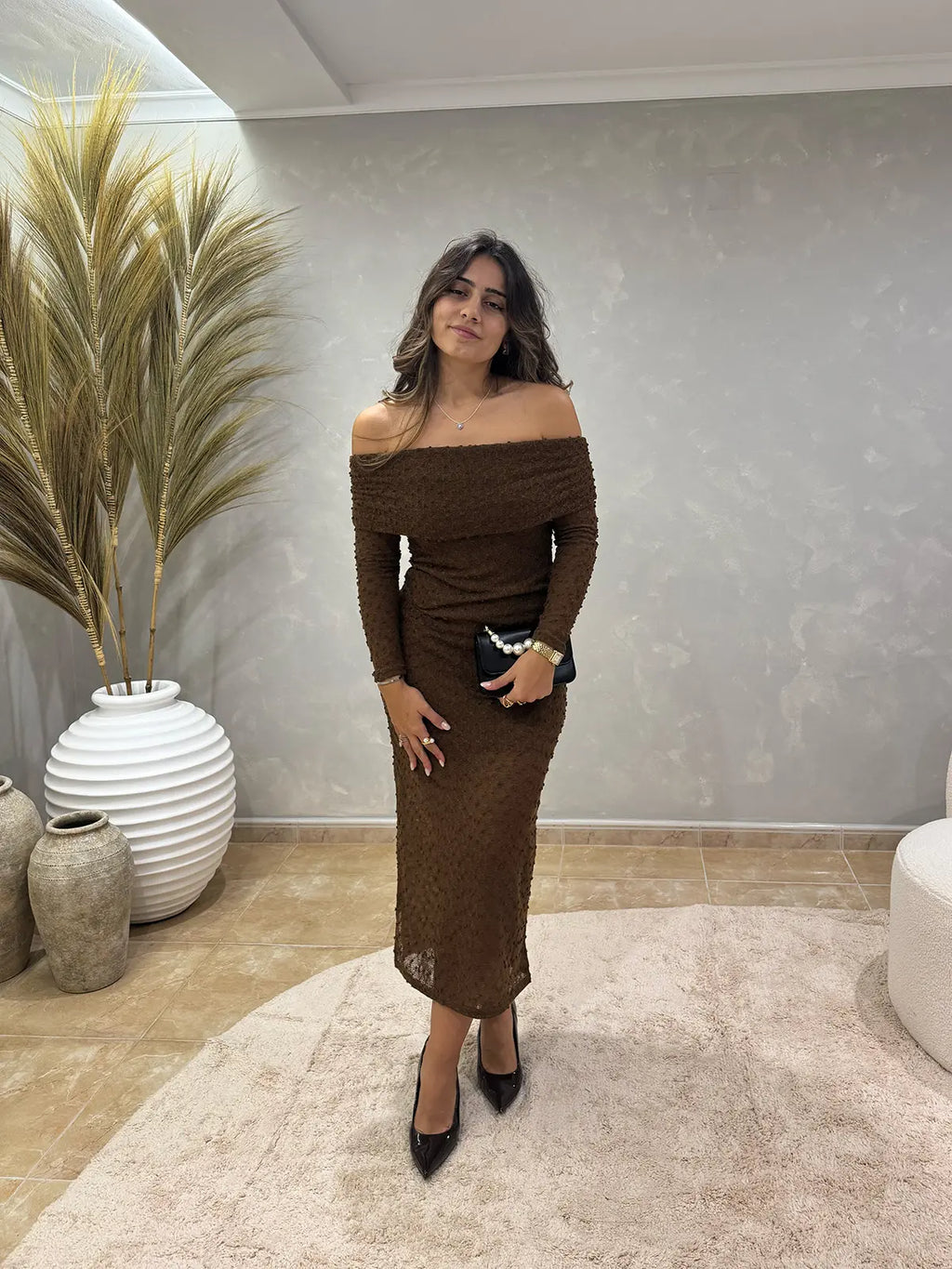 Vestido de Malha Off-the-shoulder Maxi