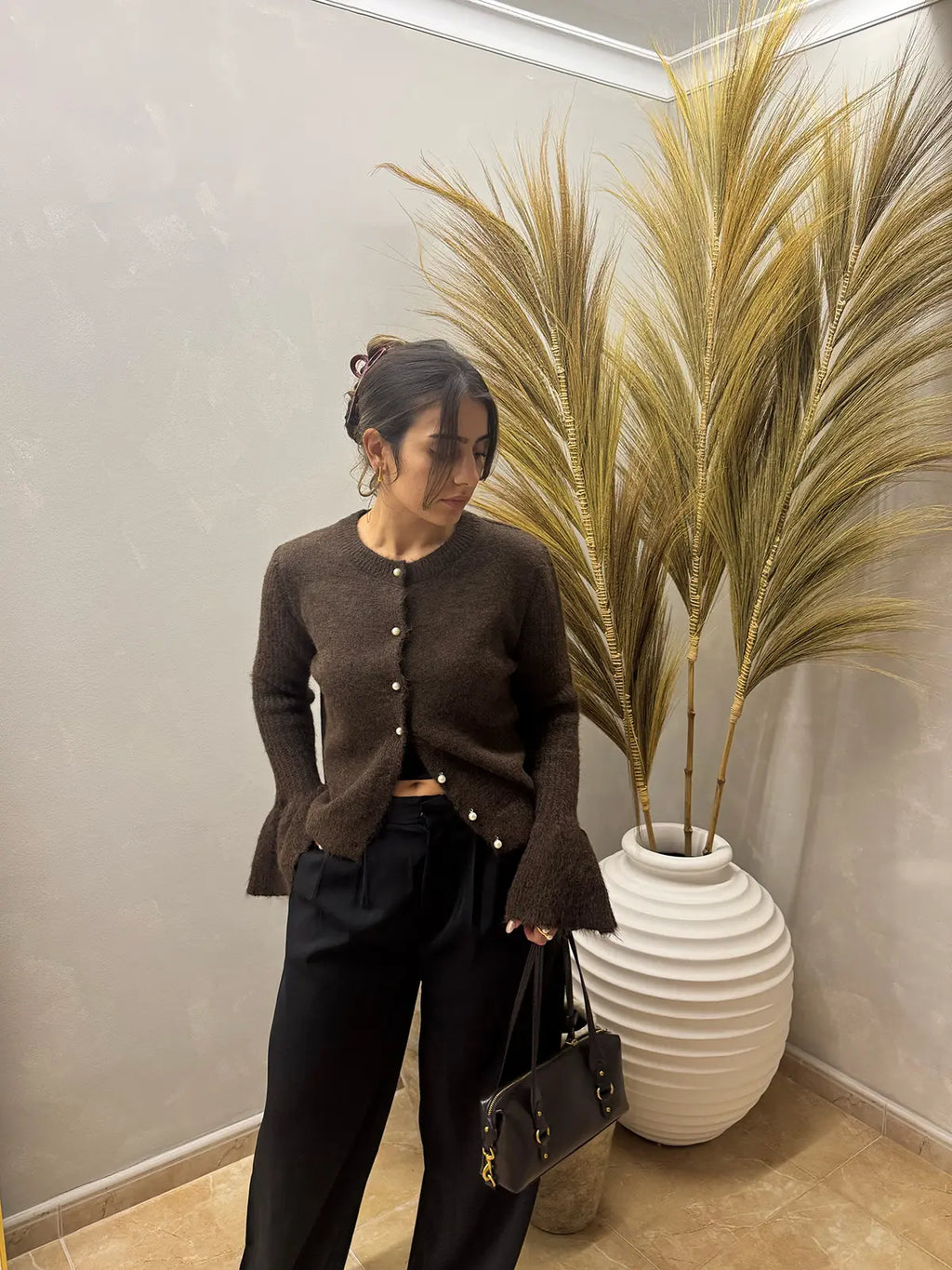 Casaco de Malha Castanho com Mangas Fluídas