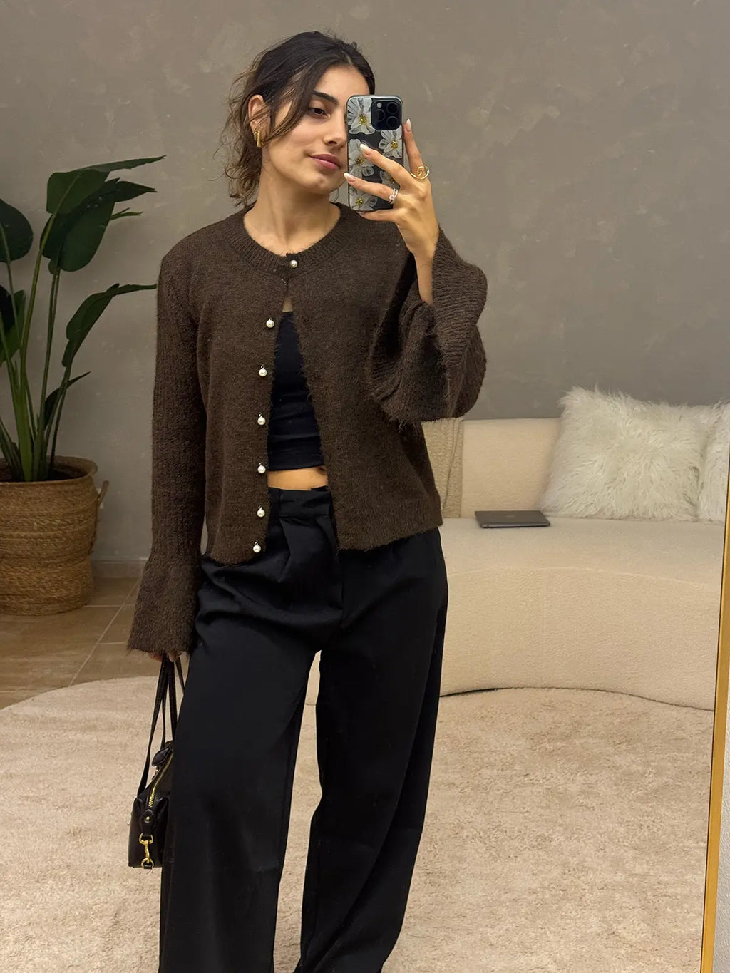 Casaco de Malha Castanho com Mangas Fluídas