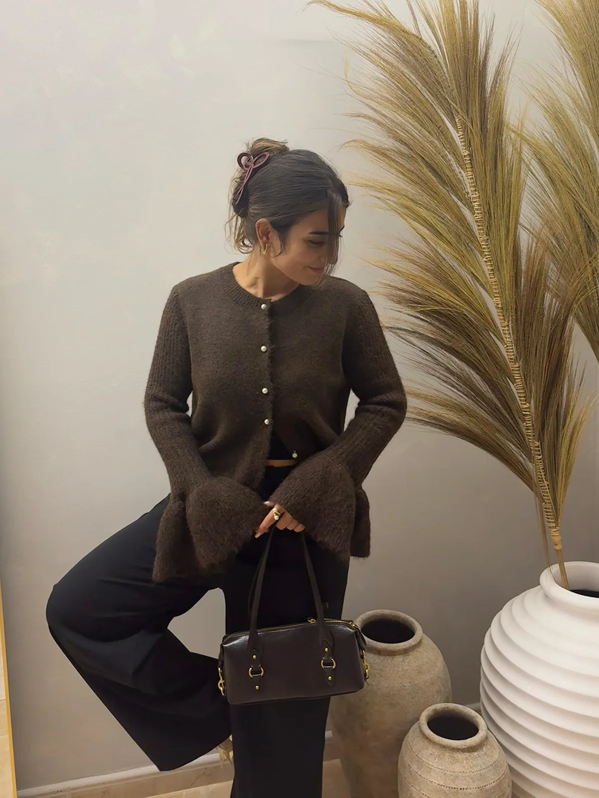 Casaco de Malha Castanho com Mangas Fluídas