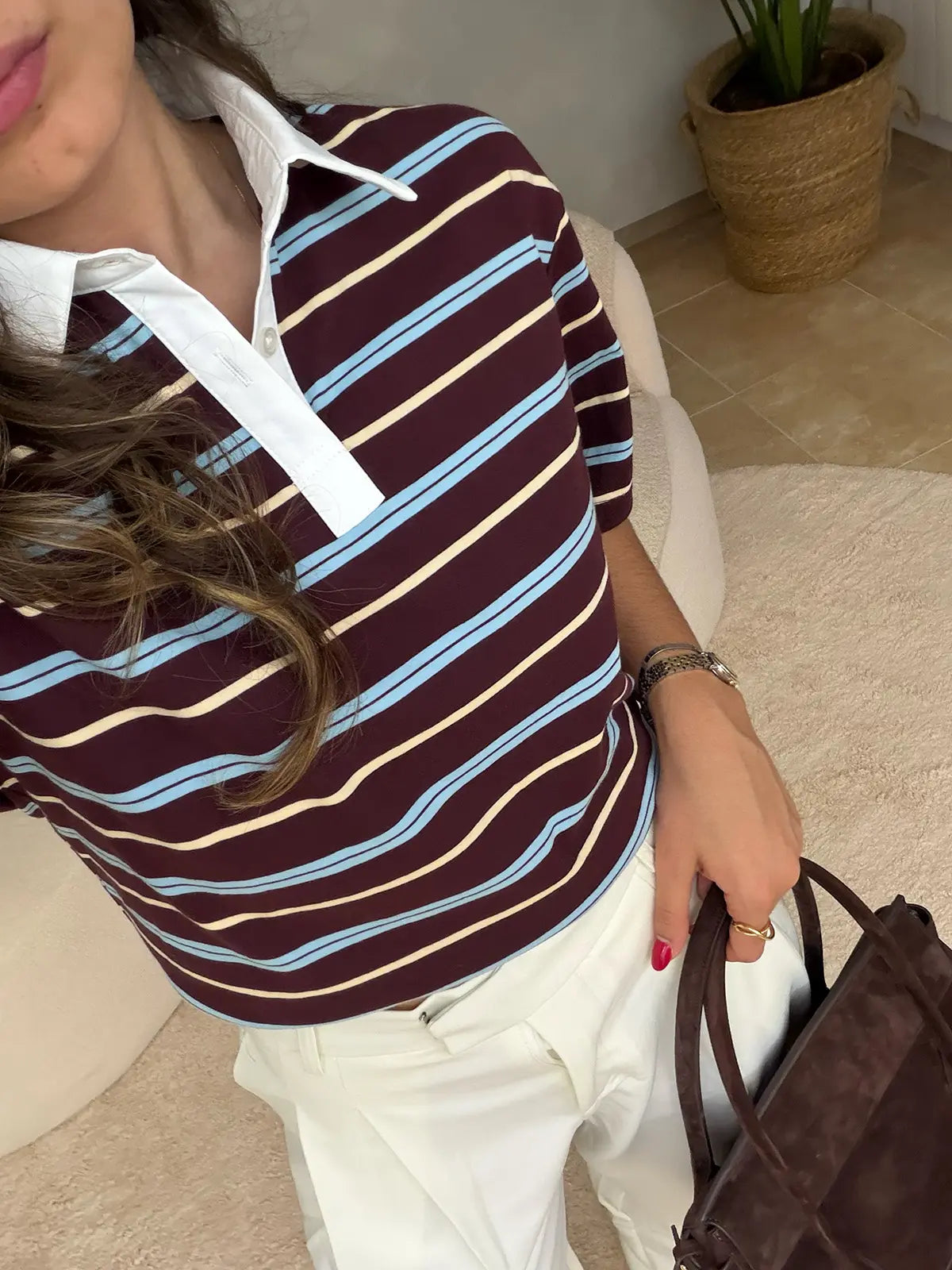 Polo às Riscas com Gola Branca