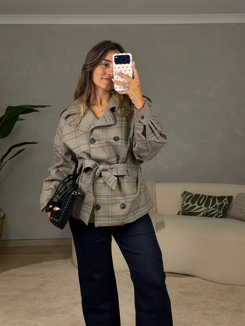 Beige Vichy Trench Coat with Belt