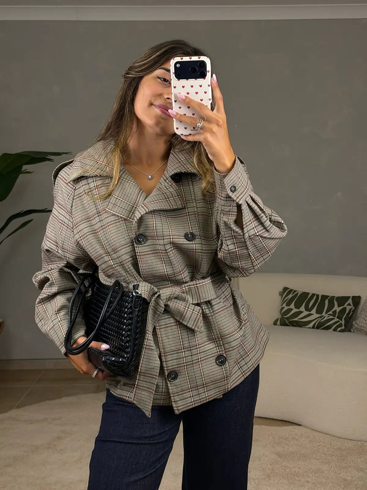 Beige Vichy Trench Coat with Belt