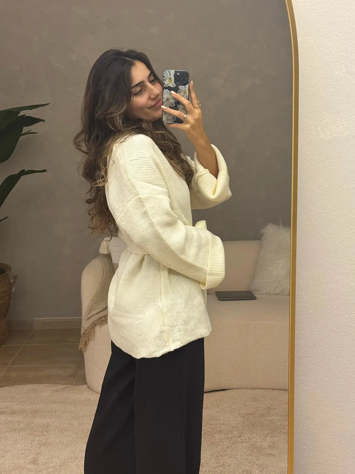 Cardigã de Malha Branco com Cinto