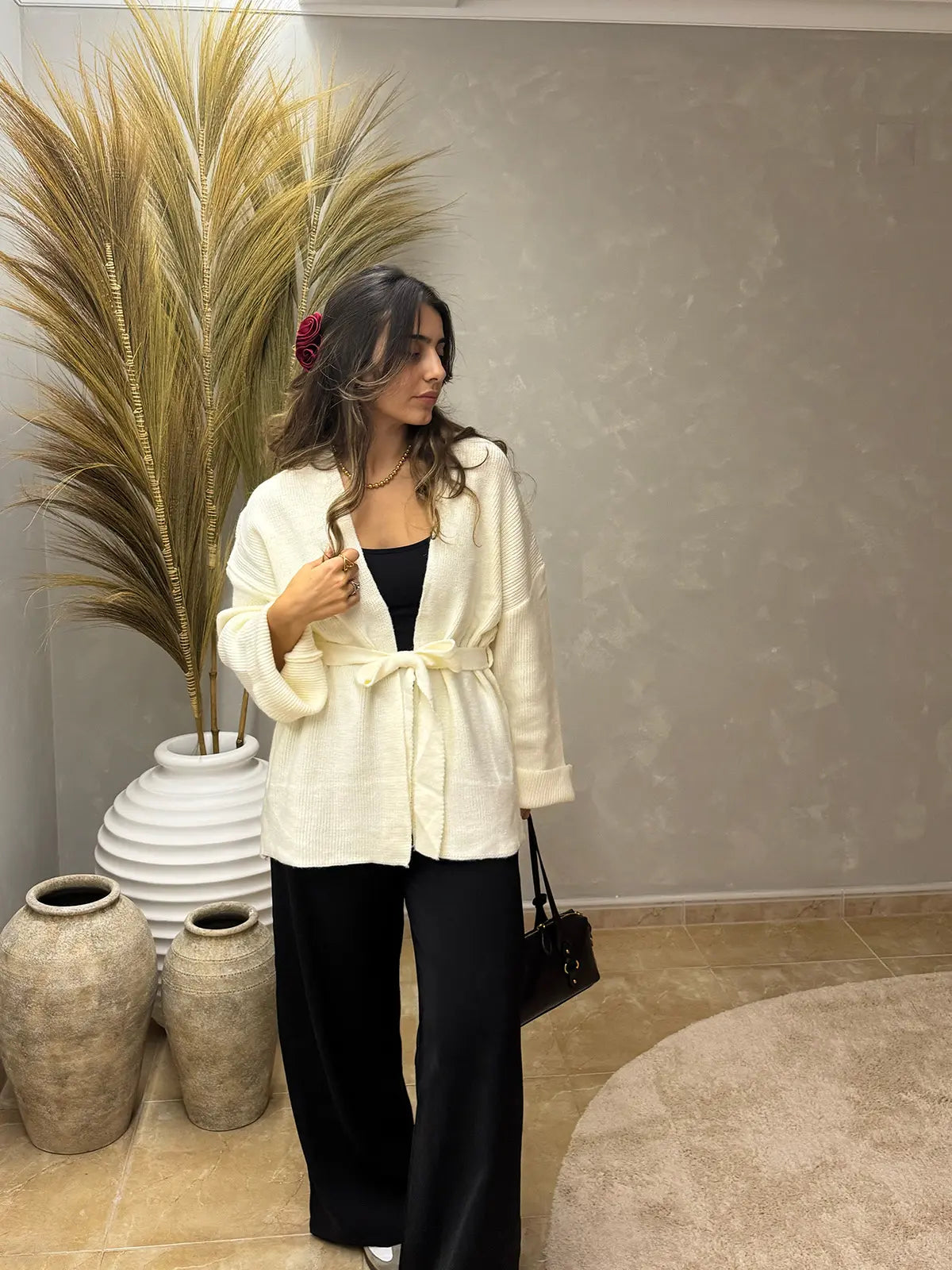 Cardigã de Malha Branco com Cinto